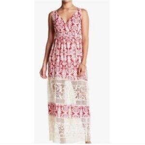 Anthropologie Sunday in Brooklyn Red Scrollwork Crochet V- Neck Maxi Dress,Small